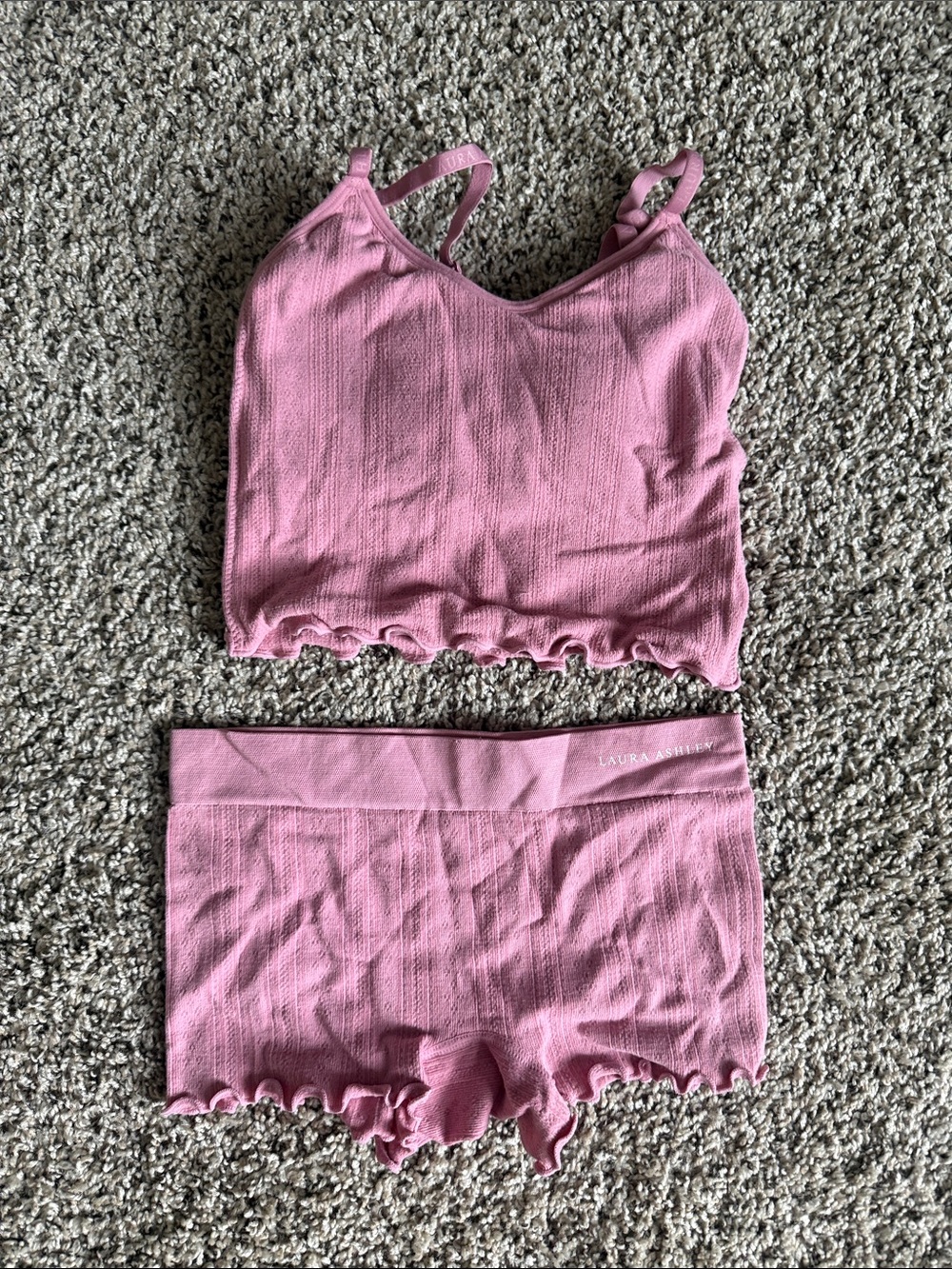 Laura Ashley Dusty Pink Ribbed Cropped Tank & Ruffle Hem Sleep Shorts